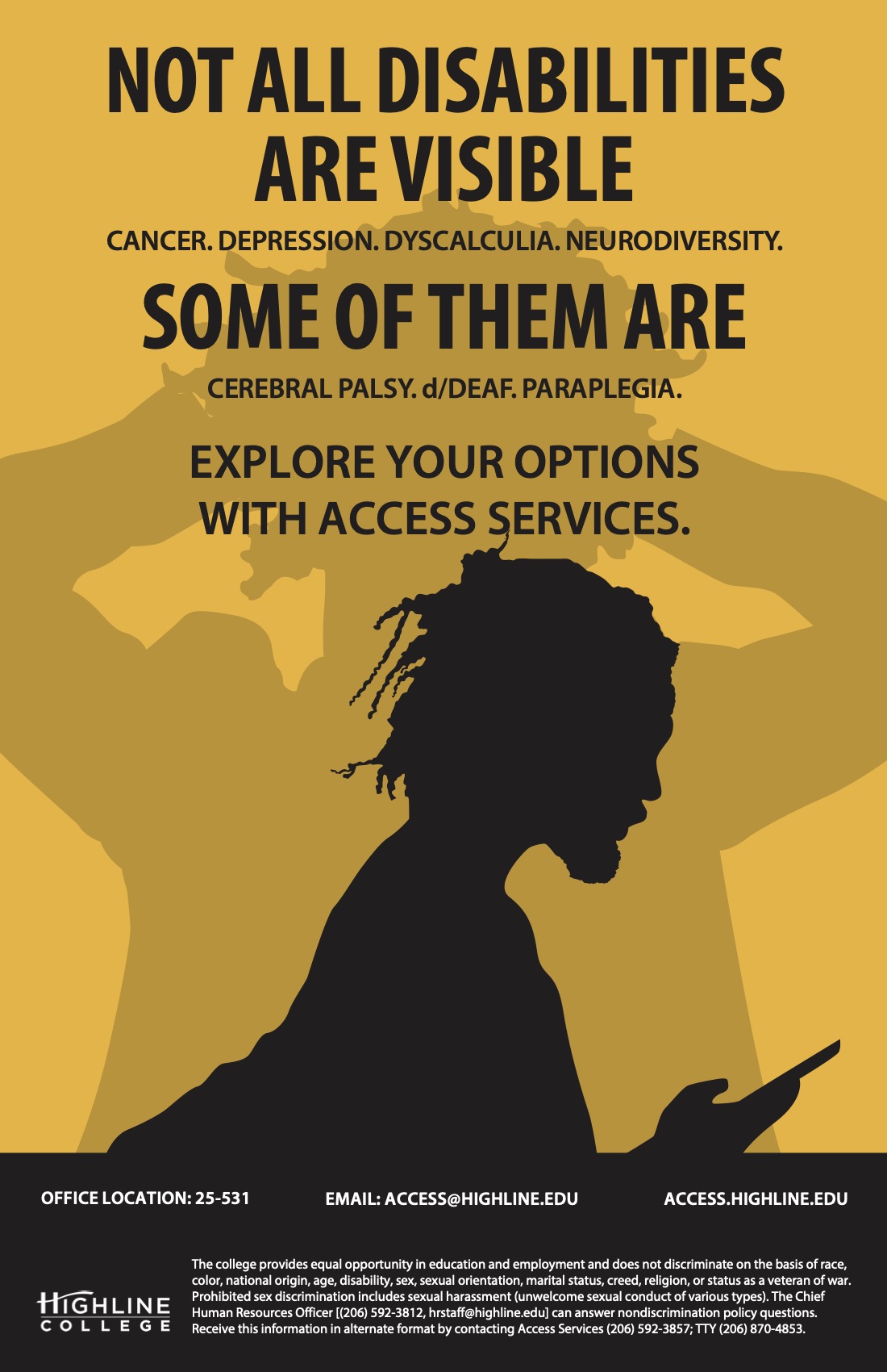 Drawn silhouette of a man with dreadlocks using his phone over a gold background, with text that says, 'Not all disabilities are visible. Some of them are.'