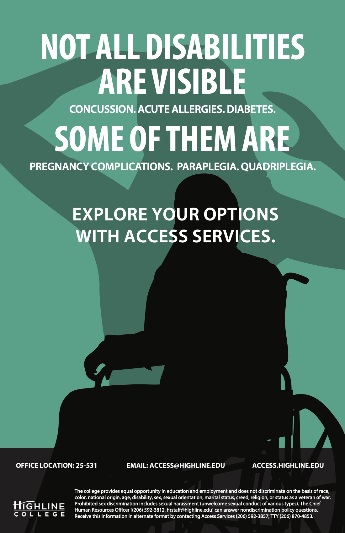 Drawn silhouette of a person sitting in a wheelchair over a green background, with text that says, 'Not all disabilities are visible. Some of them are.'